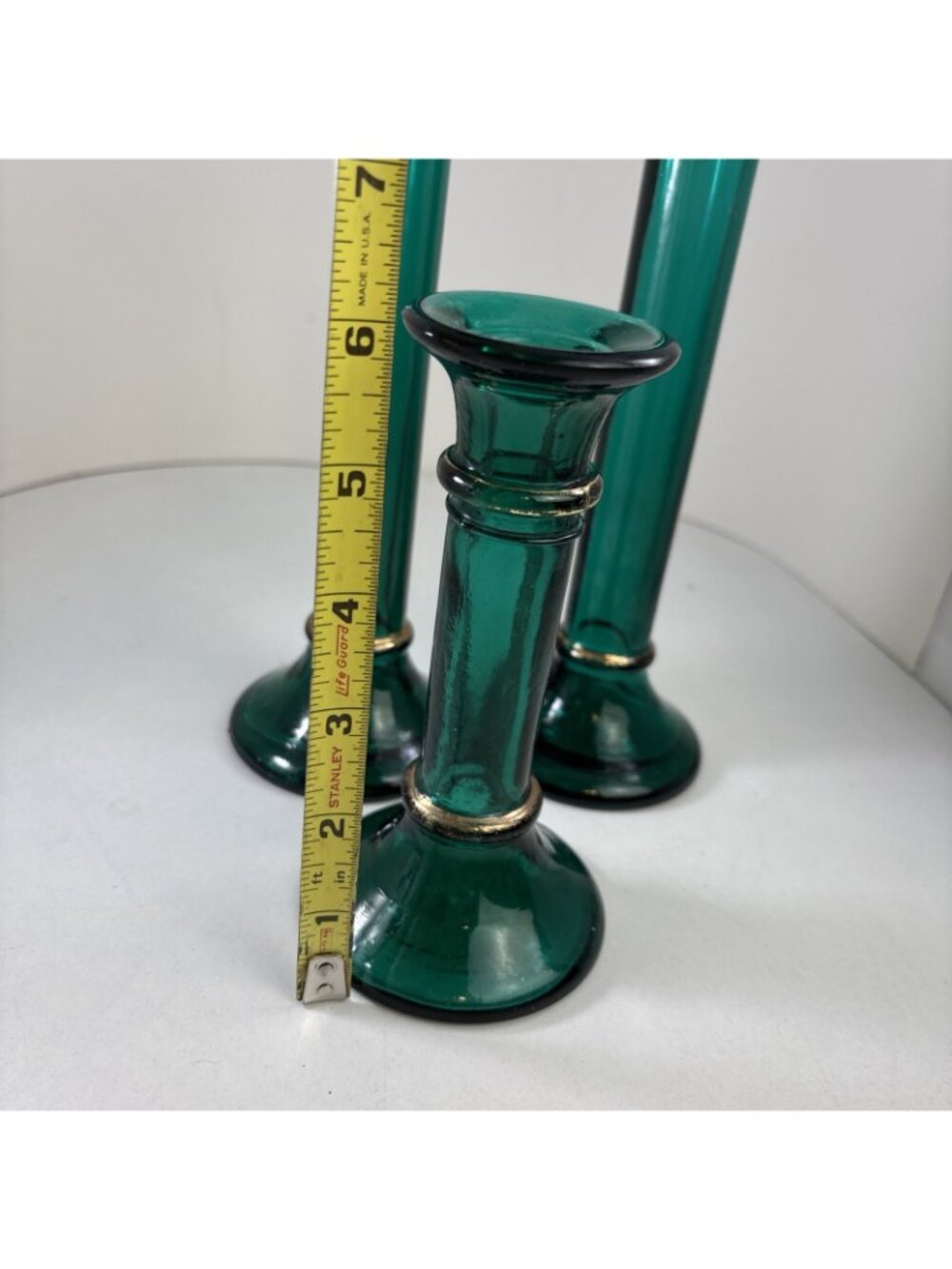 Pier 1 Green Glass Candlesticks Set Of 3 taper Holders made in Spain 11” & 6” - Picture 4 of 5
